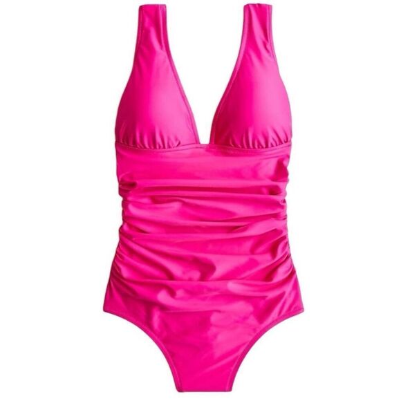 J. Crew Ruched V-Neck One-Piece Bathing Suit In Radiant Fuchsia Size 8 - Picture 1 of 5